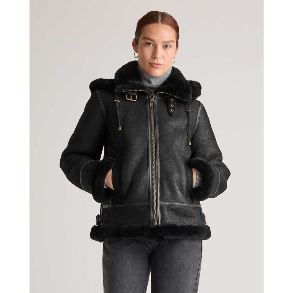 Quince 100% Shearling Cold Weather Bomber Jacket Women S Black Sheepskin Leather